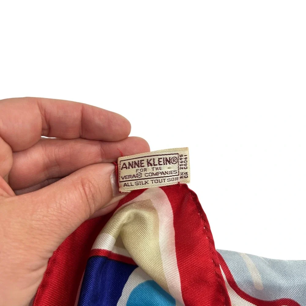 Anne Klein Silk Scarf Nautical Seashell‎ Print Red Blue Coastal Grandma 80s